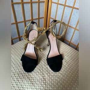Kate Spade Inez Black Suede Wrap Tie
Gold Braid Closure Heels